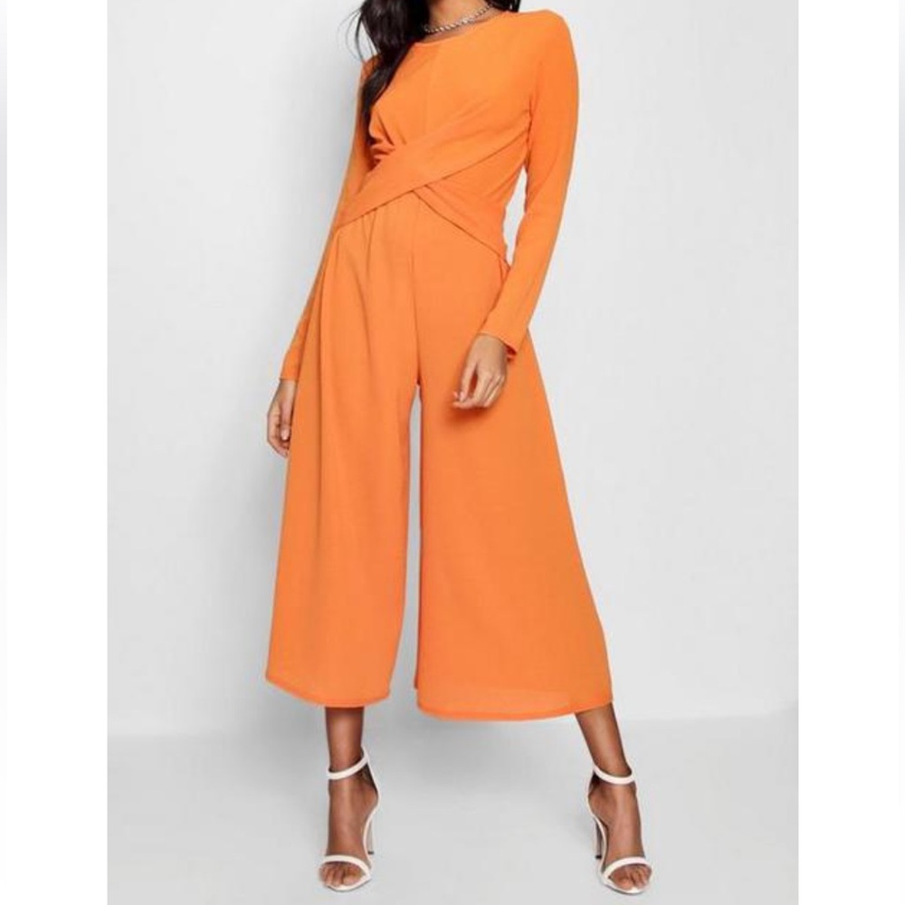 Orange long-sleeve Wrap Front Jumpsuit - Picture 10 of 11